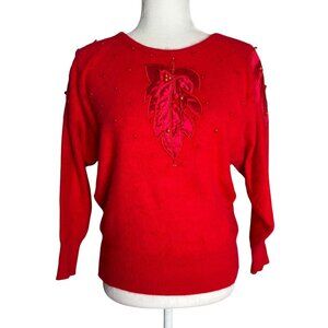 Vintage Fontaine Knit Red Angora Pullover Sweater Beaded Leaf Applique
